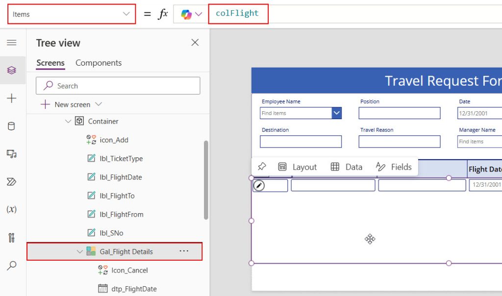 how to create repeating table in power apps using gallery