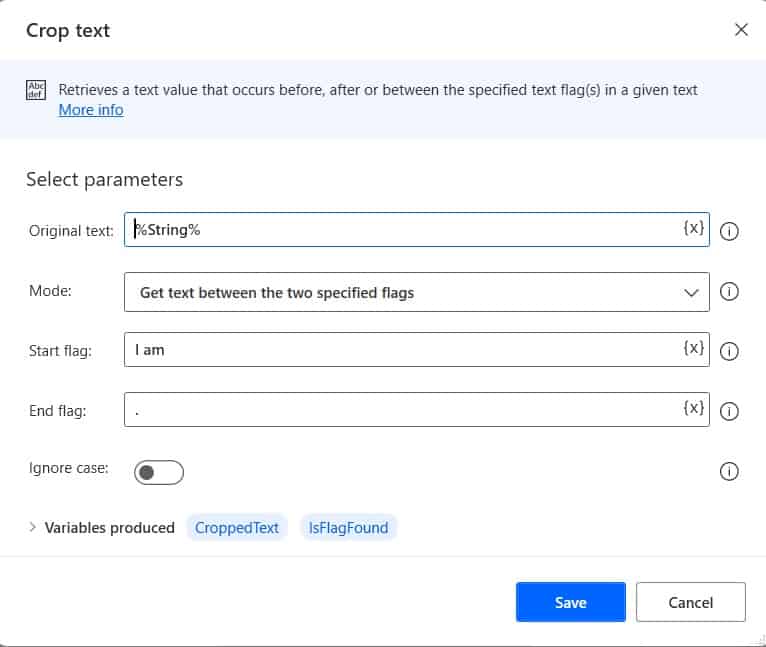 How to crop substring from text using Microsoft Power Automate Desktop