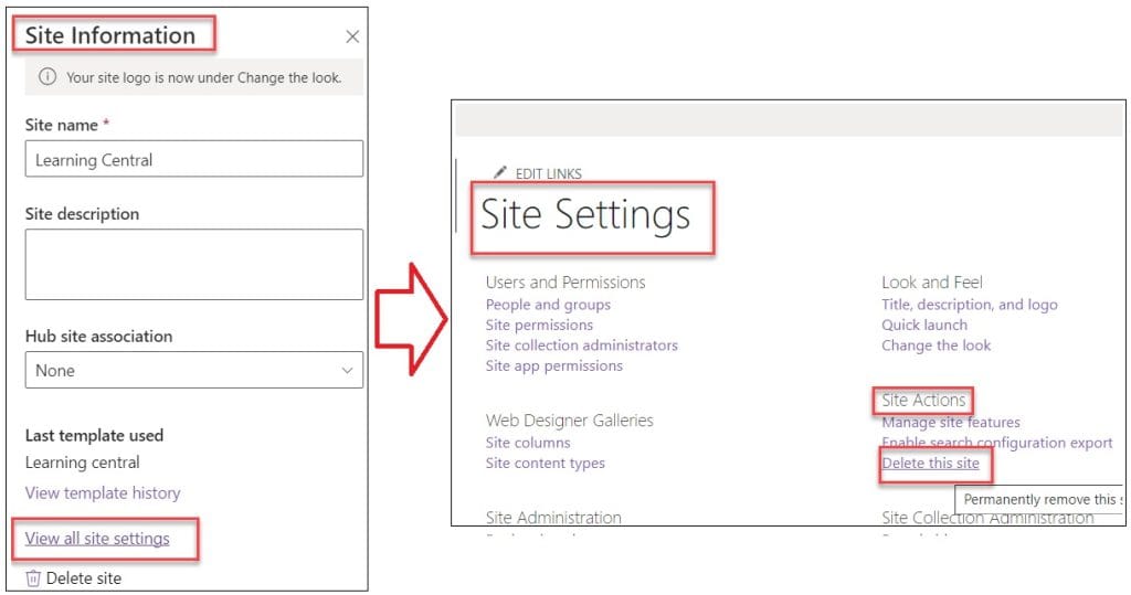 how to delete a site in sharepoint