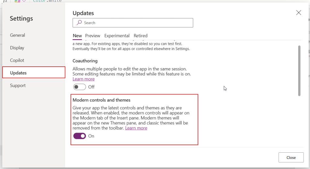 how to enable modern controls in powerapps