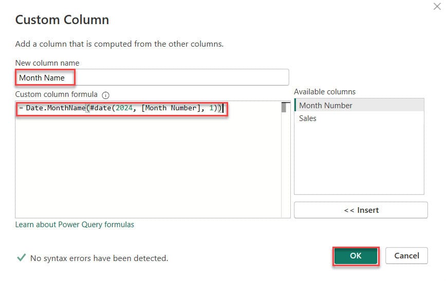 how to extract month names from number in Power query