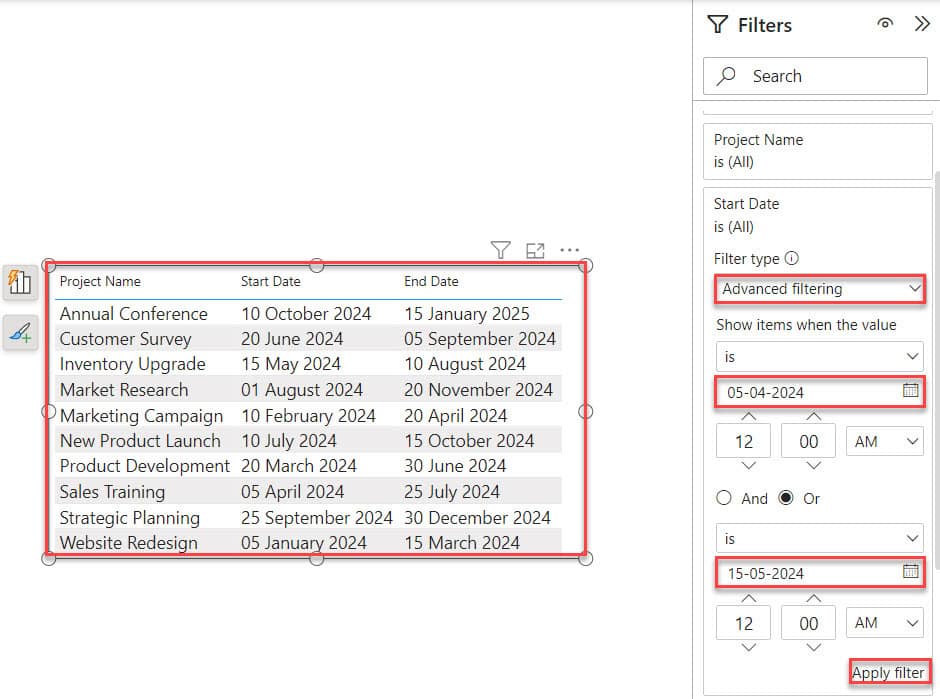 How to filter between two dates in the Power BI