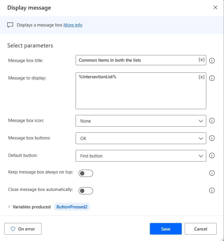 How to find common list items variable in Power automate desktop