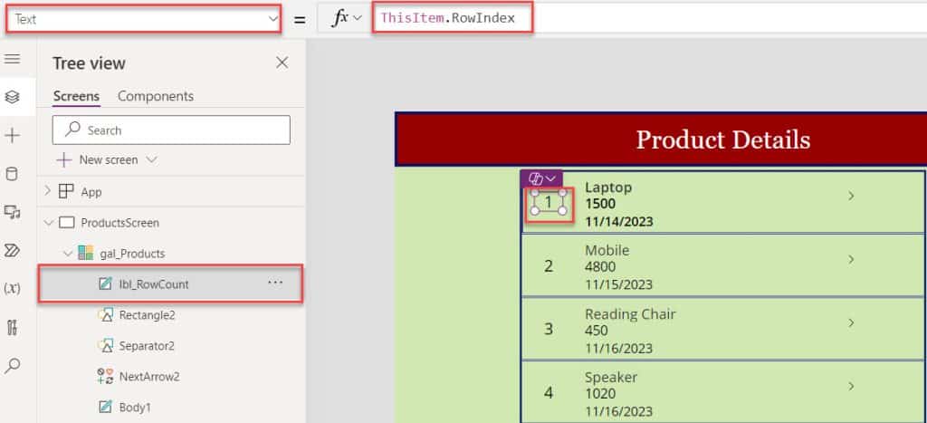 how to get row number in the power apps gallery