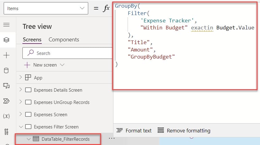 How to group the PowerApps data table