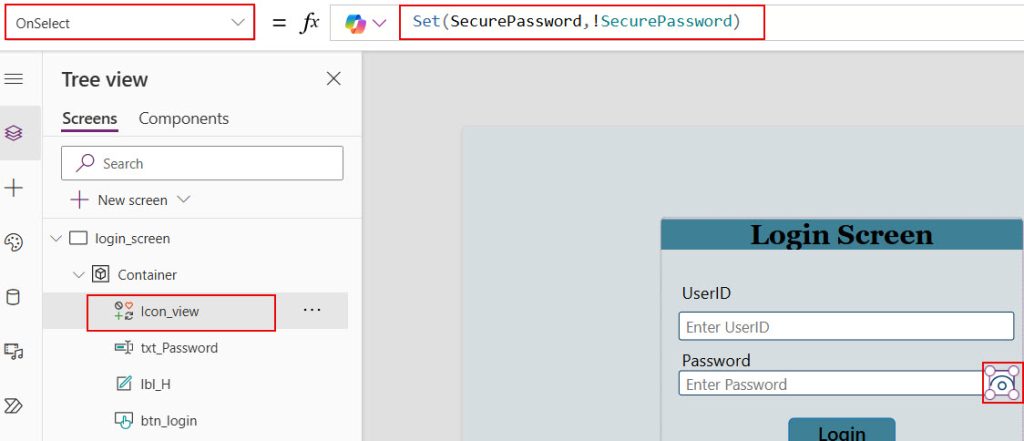 how to hide and display password in power apps