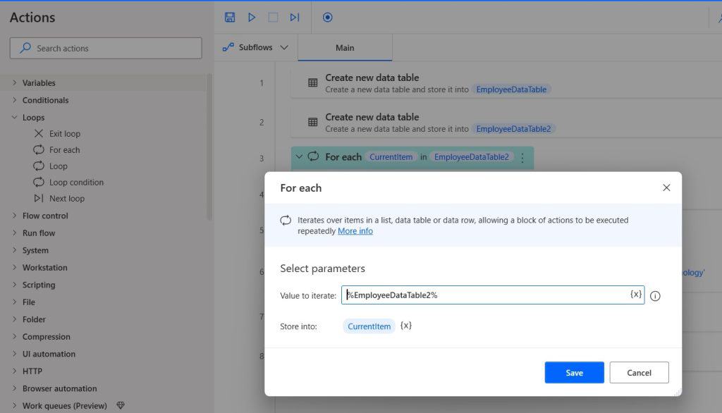 How to Insert a row to the data table in Power Automate desktop