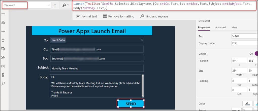 How to launch email in power apps