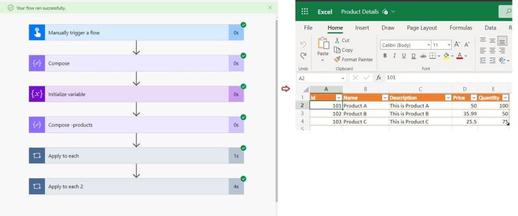 How to Loop through XML data insert into excel Power Automate