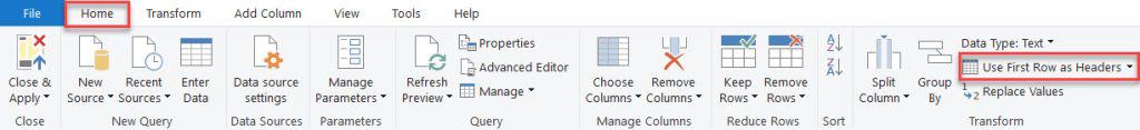 how to make first column as header in power query