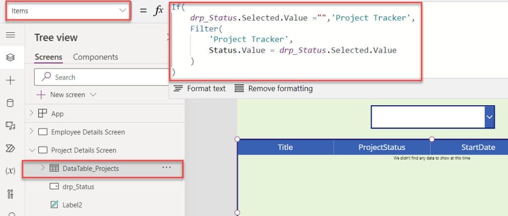 How to make the Power Apps data table control empty