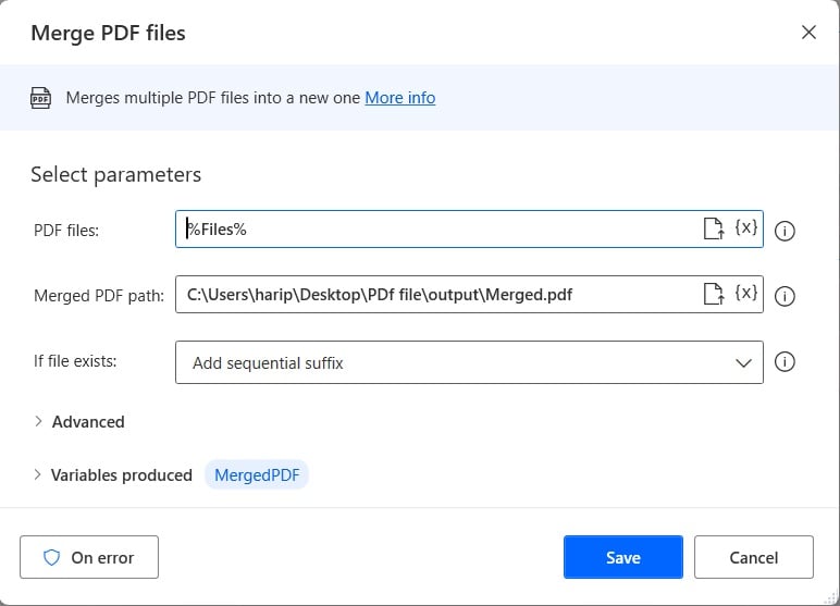 How to merge pdf files in Power Automate Desktop