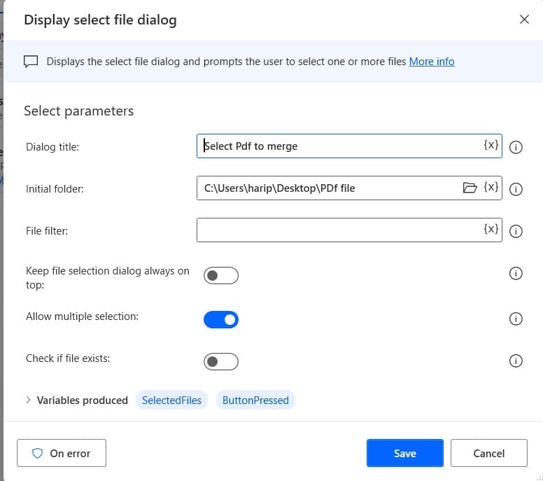 How to merge selected pdf files in Power Automate Desktop