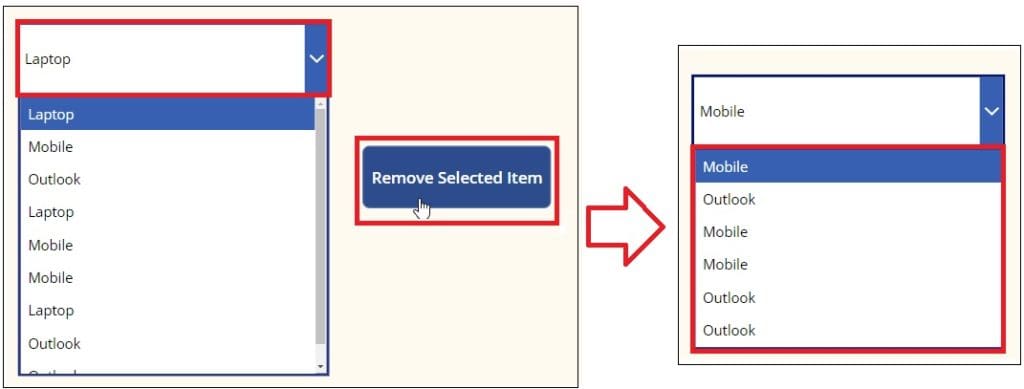 How to remove power apps collection item from dropdown control
