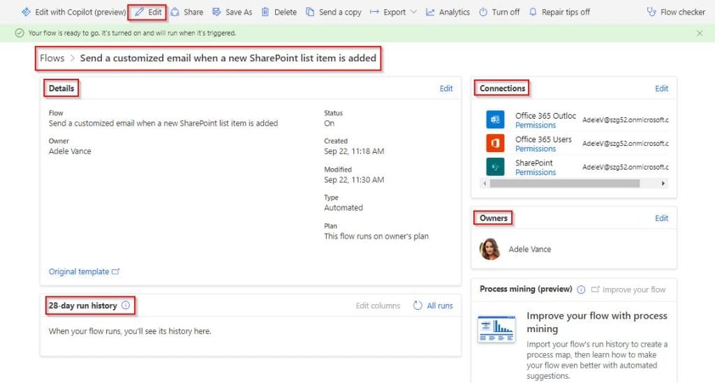 sharepoint send email when new item created using power automate