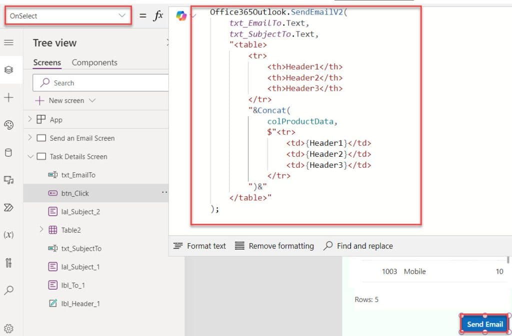 how to send an email with html table in powerapps