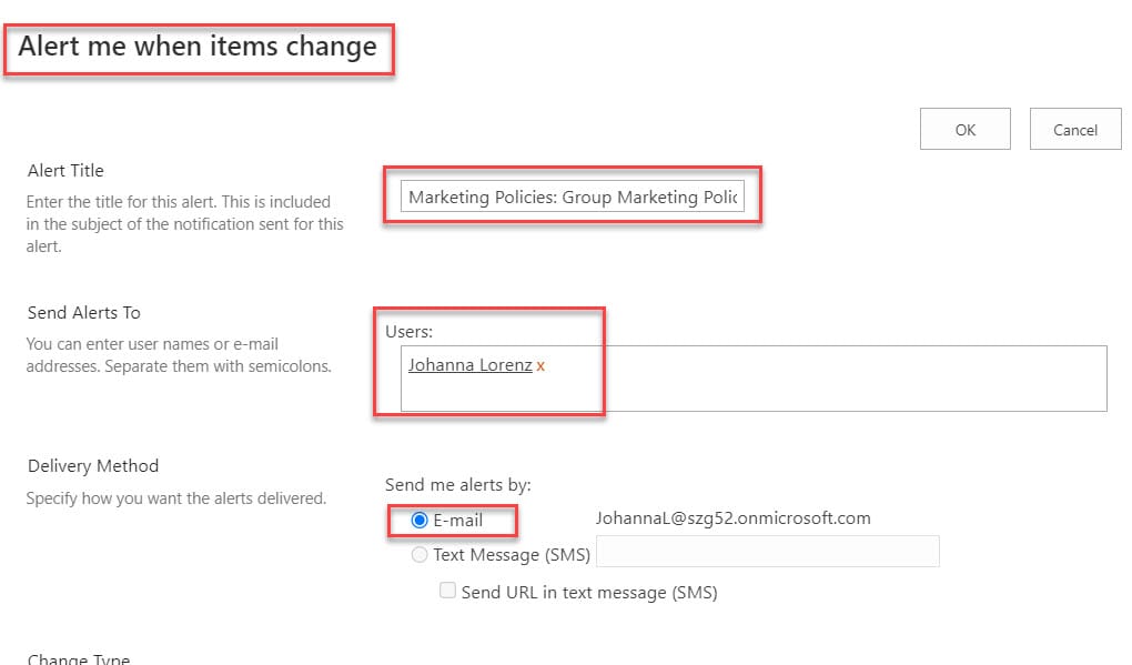 how to set alerts in sharepoint for other users