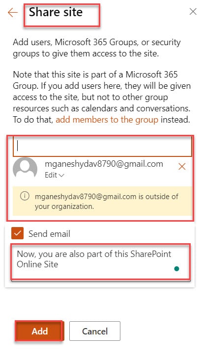 how to share sharepoint site with external users