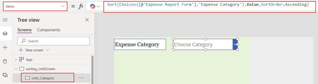 how to sort choice column values in power apps combo box