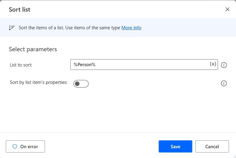 How to sort items in list variable in Power Automate Desktop