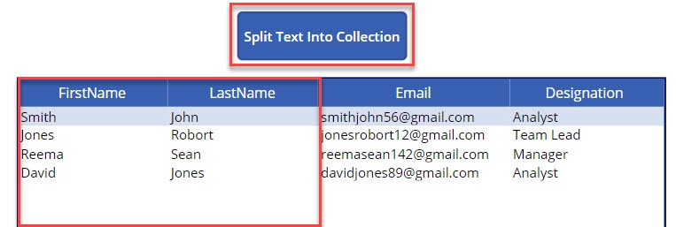 how to split text into power apps collection