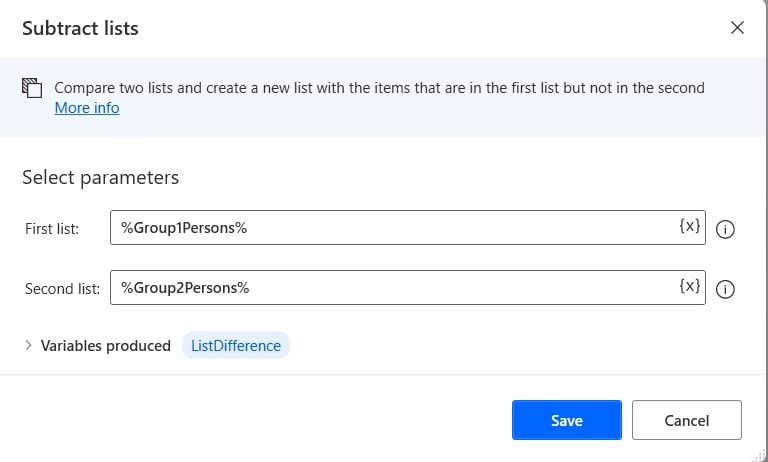 How to substract list items variable in Power automate desktop