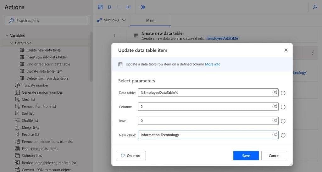 How to update data table item in Microsoft Power Automate desktop