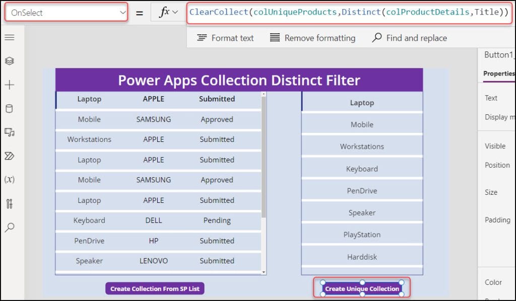 How to use Distinct Filter in Power Apps Collection