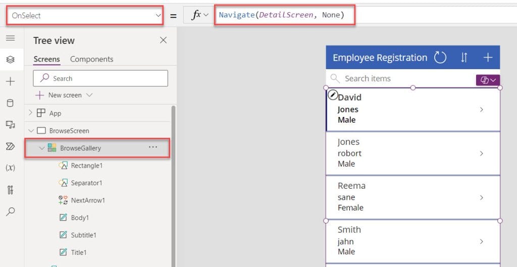 how to use onselect property in power apps gallery control