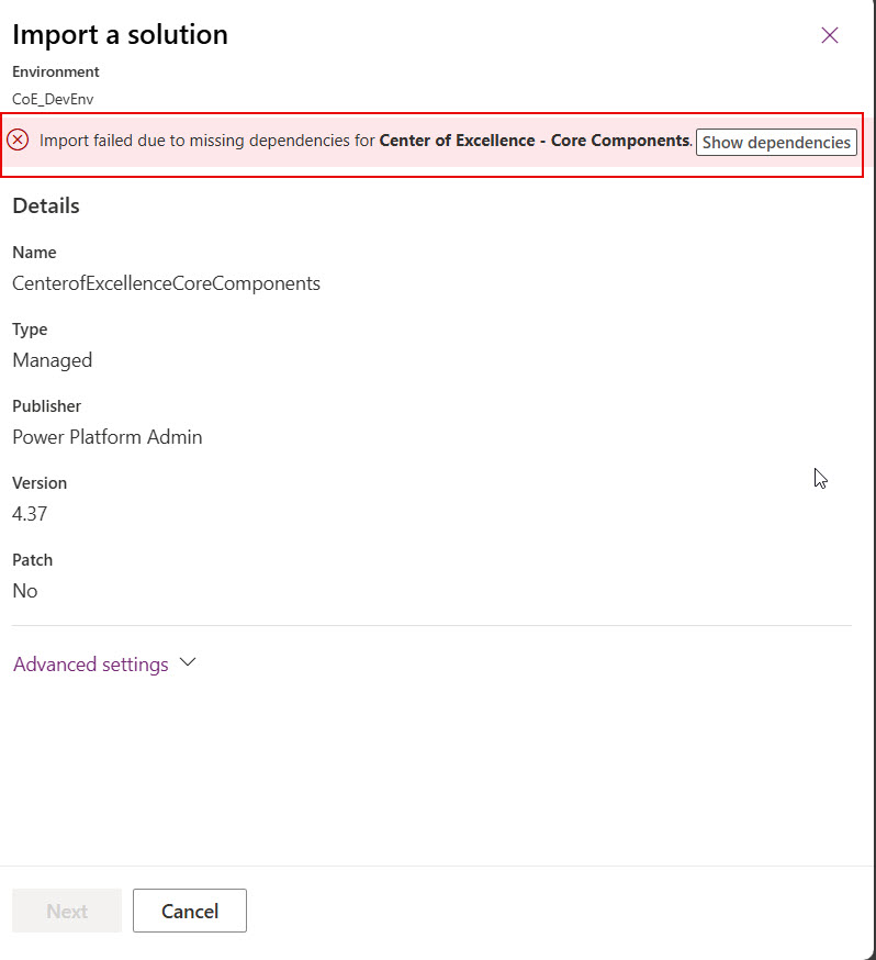 import failed due to missing dependencies for center of excellence - core components