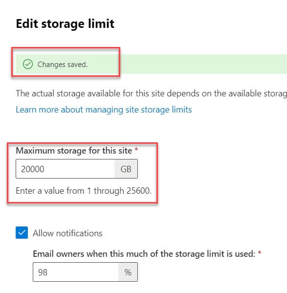 increase sharepoint storage limit