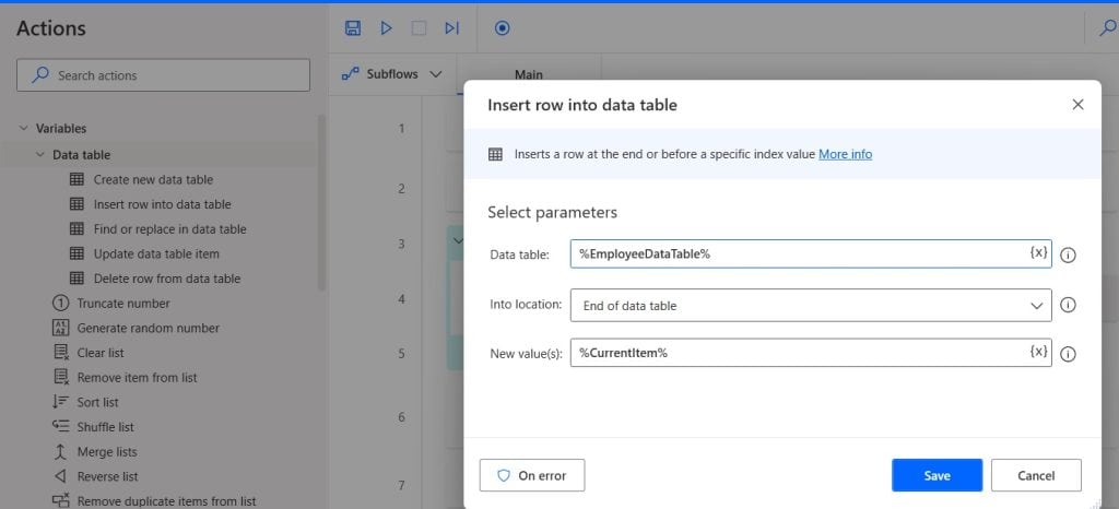 Insert a row to the data table in Power Automate desktop