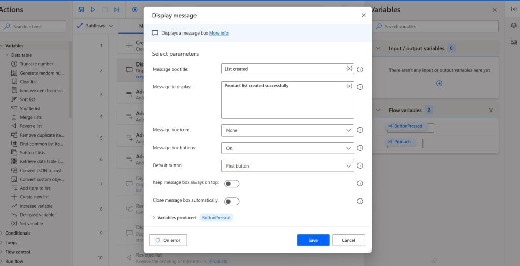 List variables action in Microsoft Power Automate Desktop