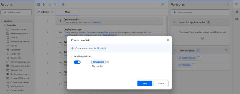 List variables action in Power Automate Desktop