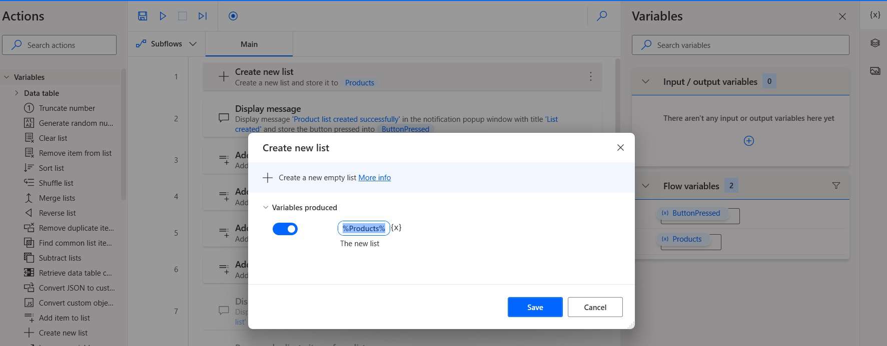 List variables in Power Automate Desktop