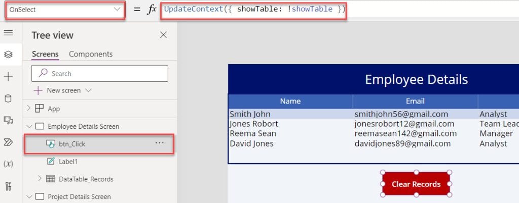 Make Power Apps Data Table Empty using Variables