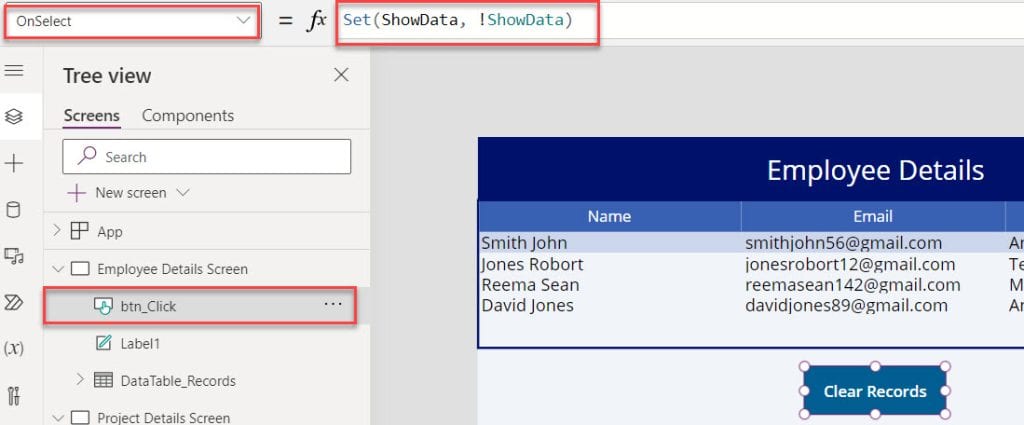 Make the Data Table Empty using Variables in Power Apps