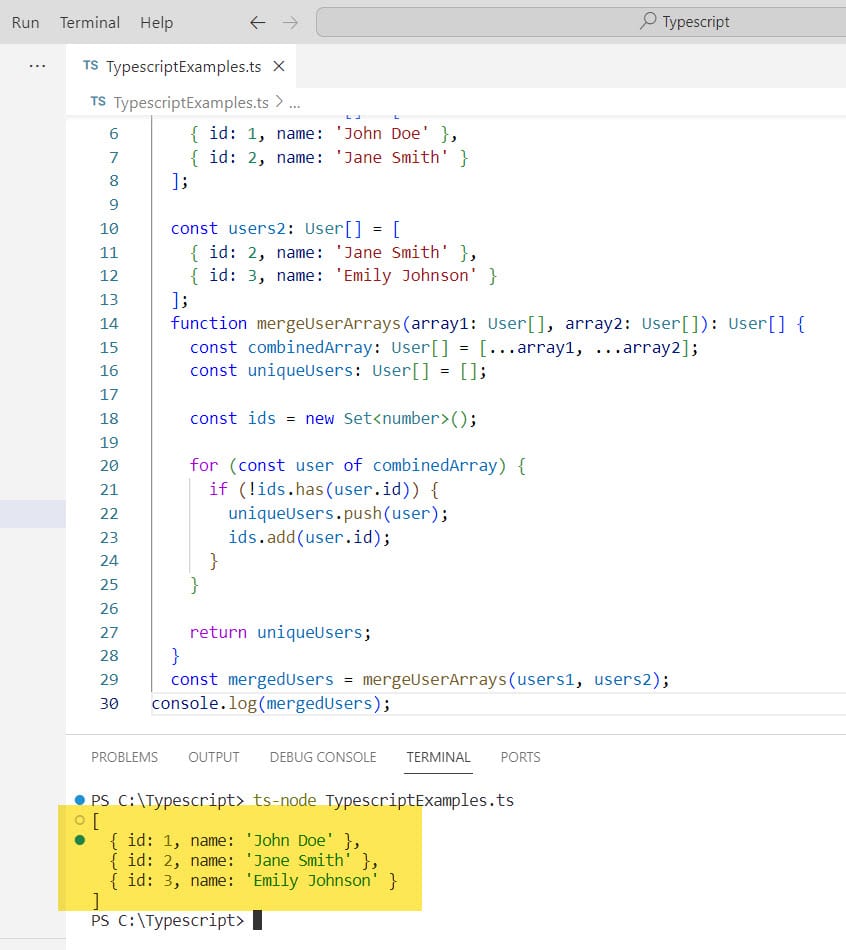 merge object arrays without duplicates in Typescript