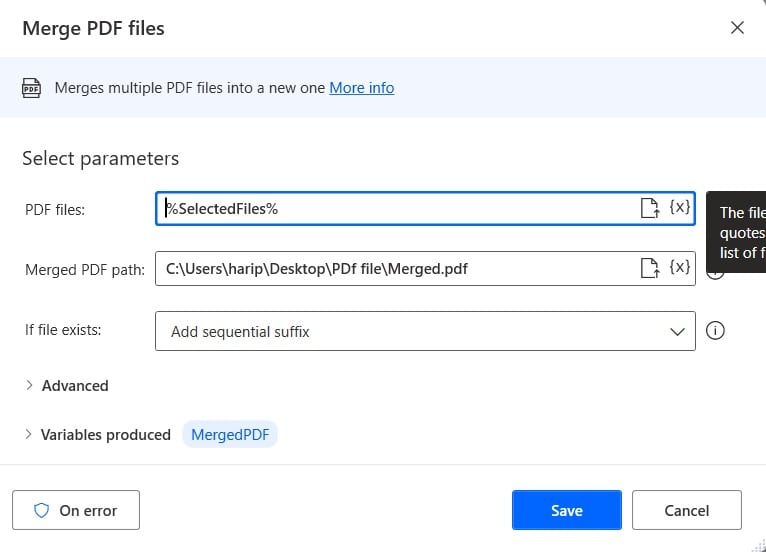 merge selected pdf files in Microsoft Power Automate Desktop