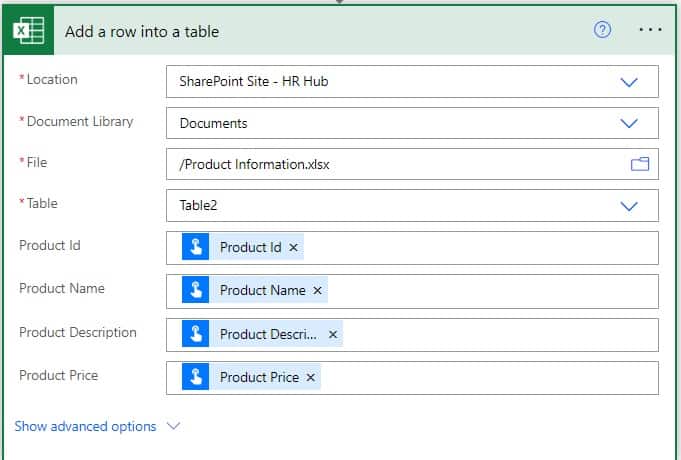 Microsoft flow add row to excel