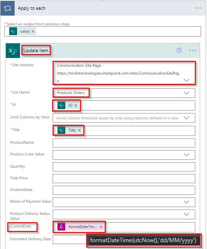 Microsoft Flow Update Field with Today date example