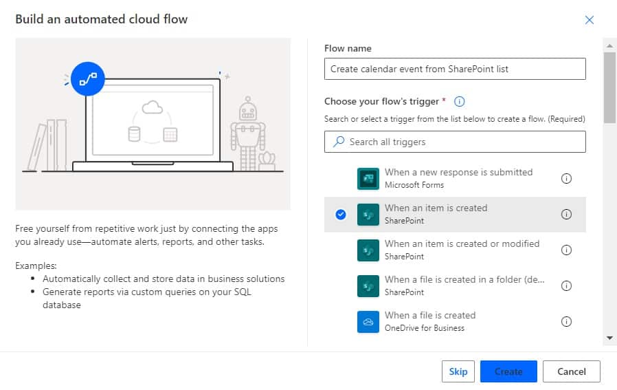 Microsoft Power automate create calendar events from the SharePoint Online list