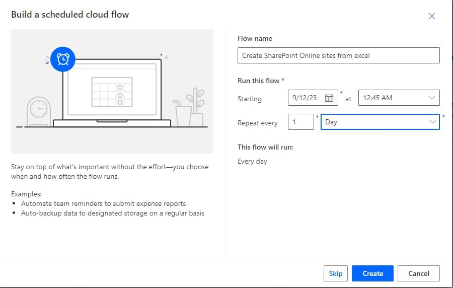 Microsoft Power automate create SharePoint site from excel