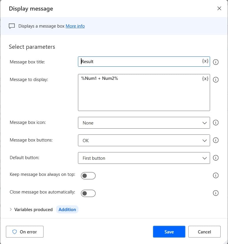 Microsoft Power Automate Desktop mathematical operation addition