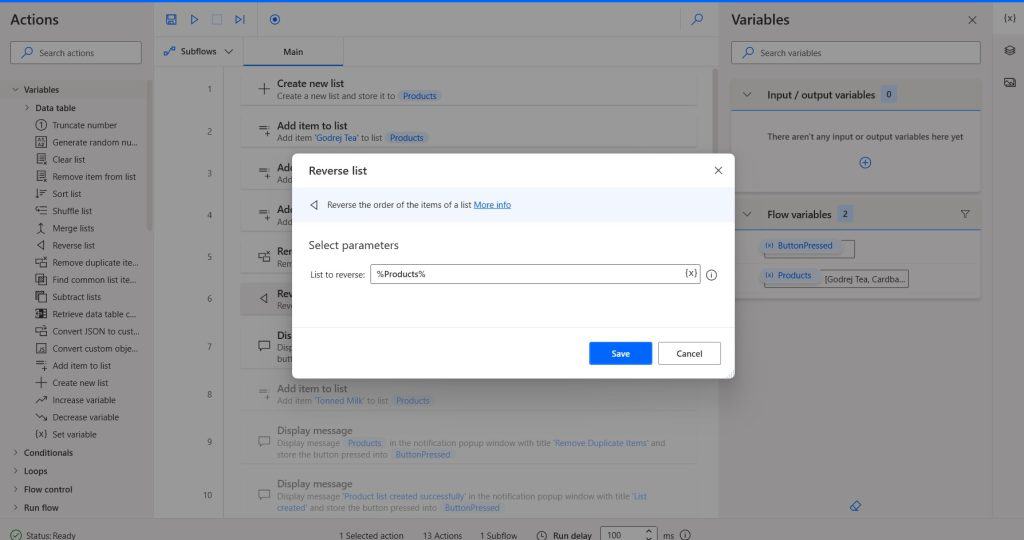 Microsoft Power Automate Desktop reverse list items from the list variable actions