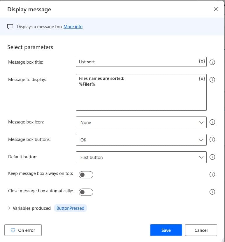 Microsoft Power automate desktop sort list items variable actions