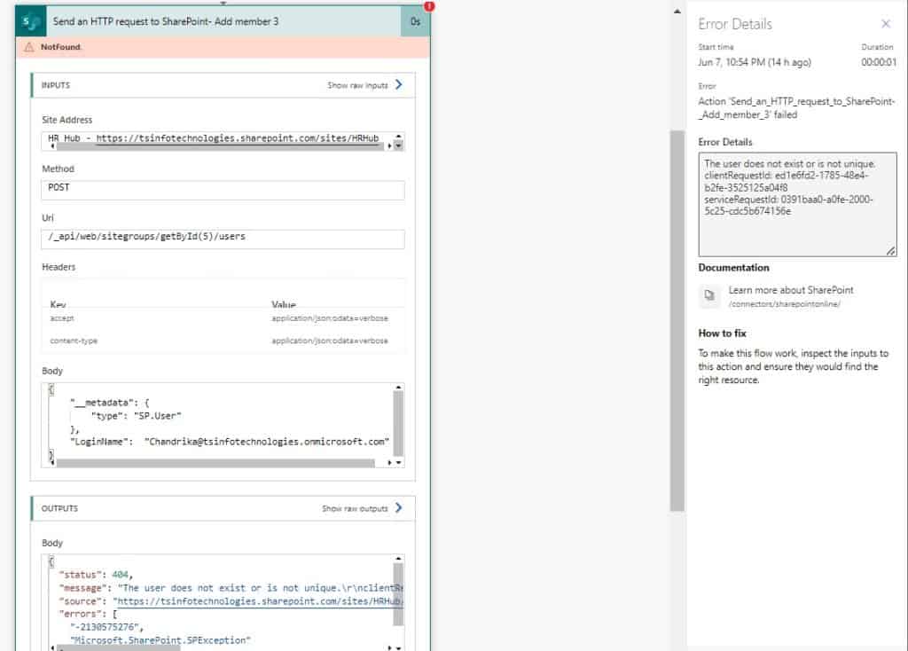 Microsoft Power Automate error 'The user does not exist or is not unique'