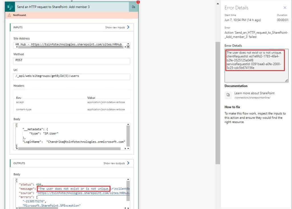 Microsoft Power Automate error 'The user does not exist or is not unique'