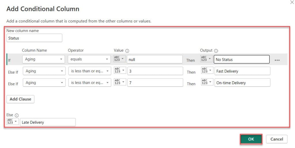 Microsoft power bi conditional column null