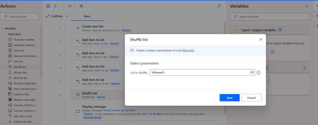 MS Power automate desktop shuffle list items variable actions